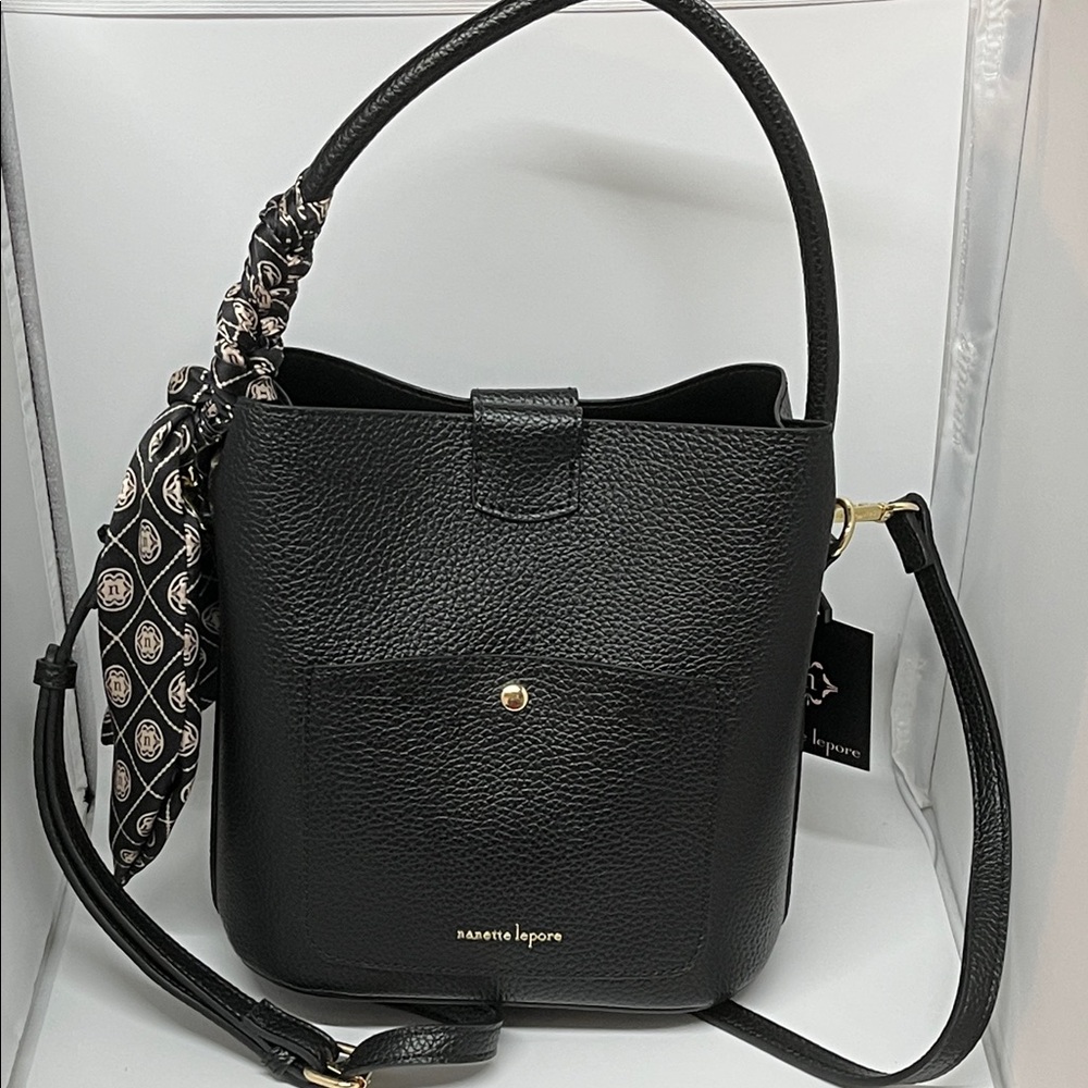 Nanette Lepore Black Bucket Purse with Scarf Accent and Adjustable Strap - NWT